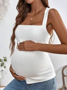 SHEIN Maternity Summer Casual Solid Color Ruched Slim Fit Vest Top - White - View 3