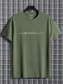 Manfinity Dauomo Men's Summer Round Neck Short Sleeve Casual T-Shirt With Letter Print - Army Green - View 4