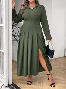 SHEIN Unity Robe chemise fendue unicolore pour l'été - Militaire verte - Voir 7