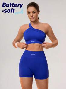 SHEIN Core Rhythm Tuta sportiva da donna, top monospalla con stampa di lettere e pantaloncini aderenti, completo allenamento - Blu - Visualizzare 1