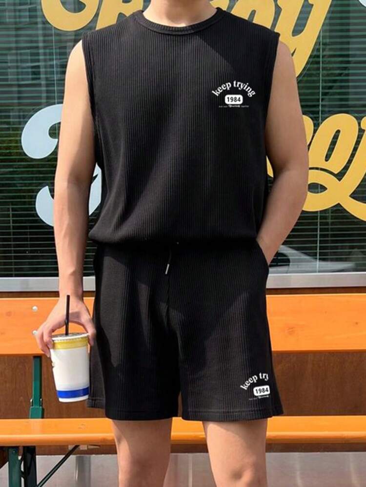 Men's Summer Letter Printed Round Neck Tank Top And Drawstring Waist Casual Shorts Set Back To School