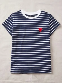 SHEIN EZwear Summer  Outfits Heart Embroidery Striped Tee - Navy Blue - View 5