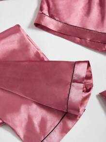 LuxeNights 女士春夏仿丝刺绣睡衣套装，7件套，包括衬衫、长裤、吊带背心、短裤等，秋冬皆宜，舒适优雅。 - 玫紅色 - 查看 6