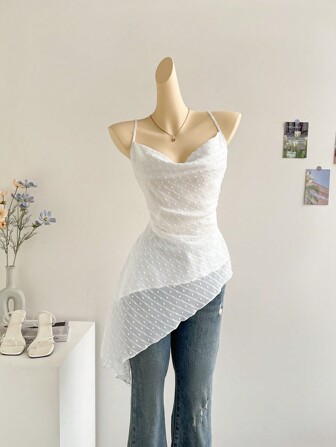 Firerie 여성용 화이트 비대칭 헴라인 티어드 카울 넥 캐미 탑