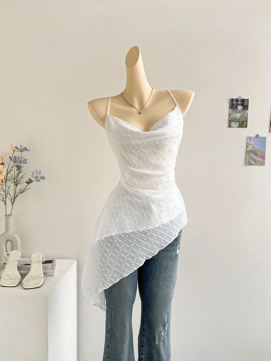 Firerie 女士白色不对称下摆分层围脖领吊带背心 - 白色 - 查看 1