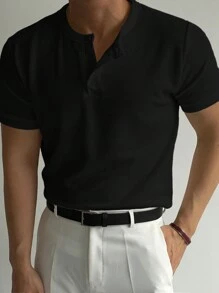 DAZY Men's Summer Solid Color Button Half Placket Short Sleeve Casual T-Shirt - Black - View 5