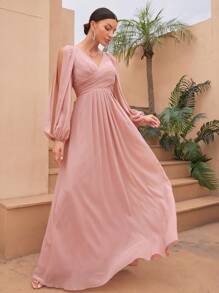 V-Neck Pleated Waist Slit Long Sleeve Chiffon Dress - Baby Pink - View 6