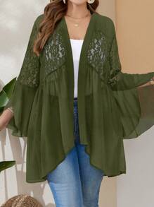 EMERY ROSE Plus Size Women'S Summer Black Cardigan Chiffon And  Lace Splice Ruffle Sleeve Top