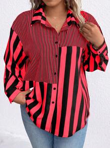 SHEIN LUNE Áo sơ mi trễ vai in sọc Plus - Đỏ - Xem 1