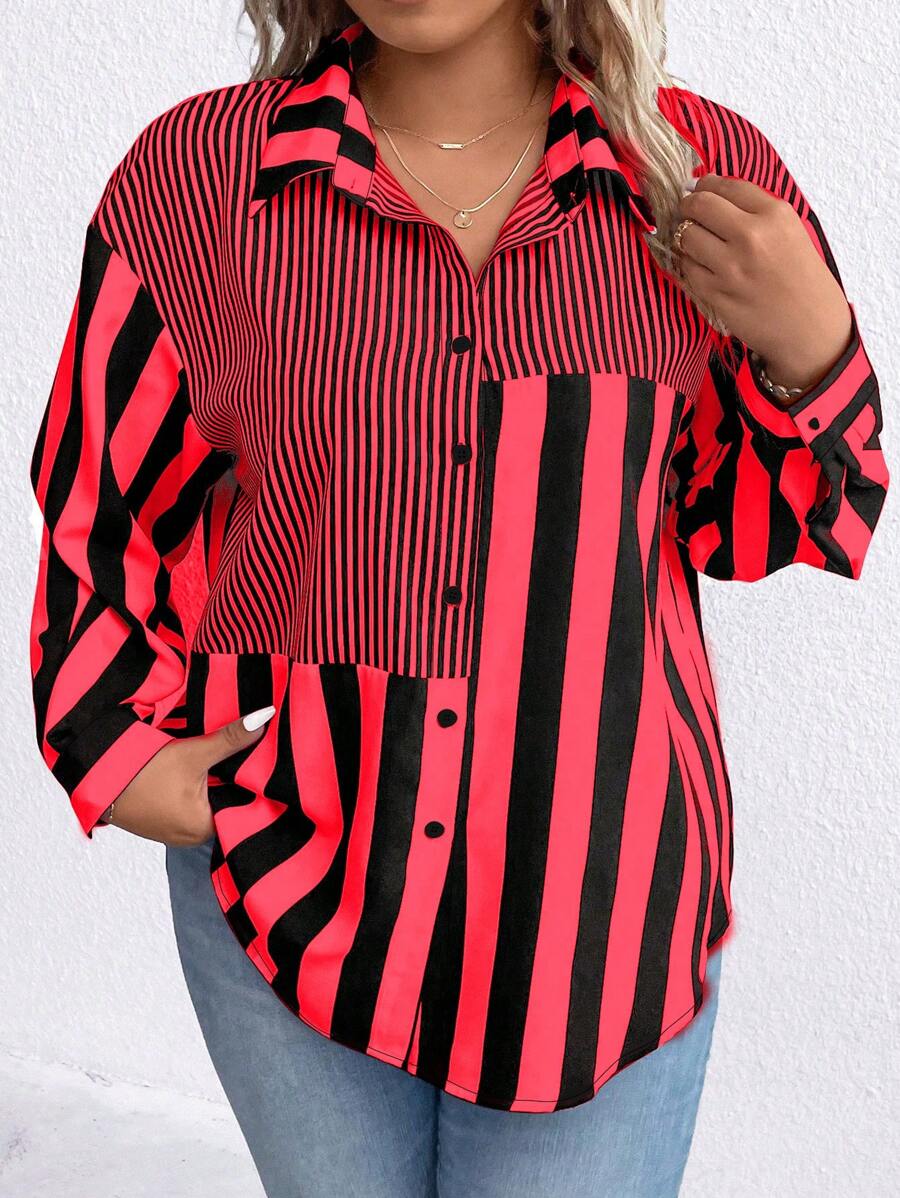 SHEIN LUNE Áo sơ mi trễ vai in sọc Plus - Đỏ - Xem 1