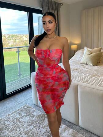 Rochie bodycon cu tuburi cu volanare Tie Dye