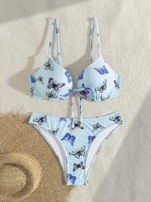 SHEIN Swim Ensemble de bikini sexy avant noué imprimé papillon pour femme pour été à la plage - Bleu azur - Voir 5