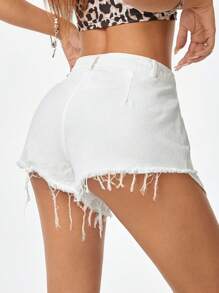 SHEIN EZwear 女款白色鬆散磨邊破洞牛仔短褲 - 白色 - 查看 6