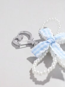 ROMWE Kawaii 2 piezas Llavero de cuentas hecho a mano con diseño dulce y lindo para chicas adolescentes en rosa y azul con patrón de cuadros, con lazo y colgante de corazón, adecuado para mochilas, uso diario y regalos festivos. - Rosa - Ver 5