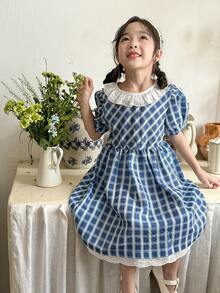 Vintaside Kids Vestido de princesa de cuadros dulce y encantador para niñas pequeñas, patrón clásico de cuadros azules, diseño de manga abullonada y bordados huecos en el cuello y el dobladillo agregan un toque de elegancia y dulzura, lo que hace que el aspecto general sea talla grande tridimensional e interesante. Adecuado para uso diario, reuniones familiares, fiestas de cumpleaños y ocasiones especiales. - Multicolor - Ver 2