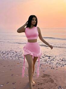 Zolique Conjunto de falda mini asimétrica de volantes lisos y top corto