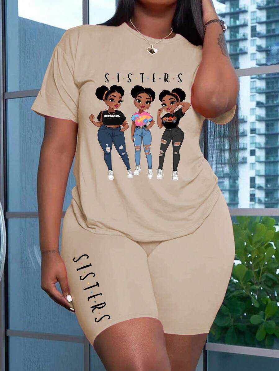 SHEIN 夏季數字與字母圖案T恤和摩托車短褲 - 卡其色 - 查看 1