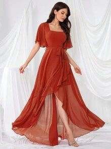 UNITHORSE 不对称下摆荷叶边袖蕾丝高开衩露背伴娘服 - 橘色 - 查看 3