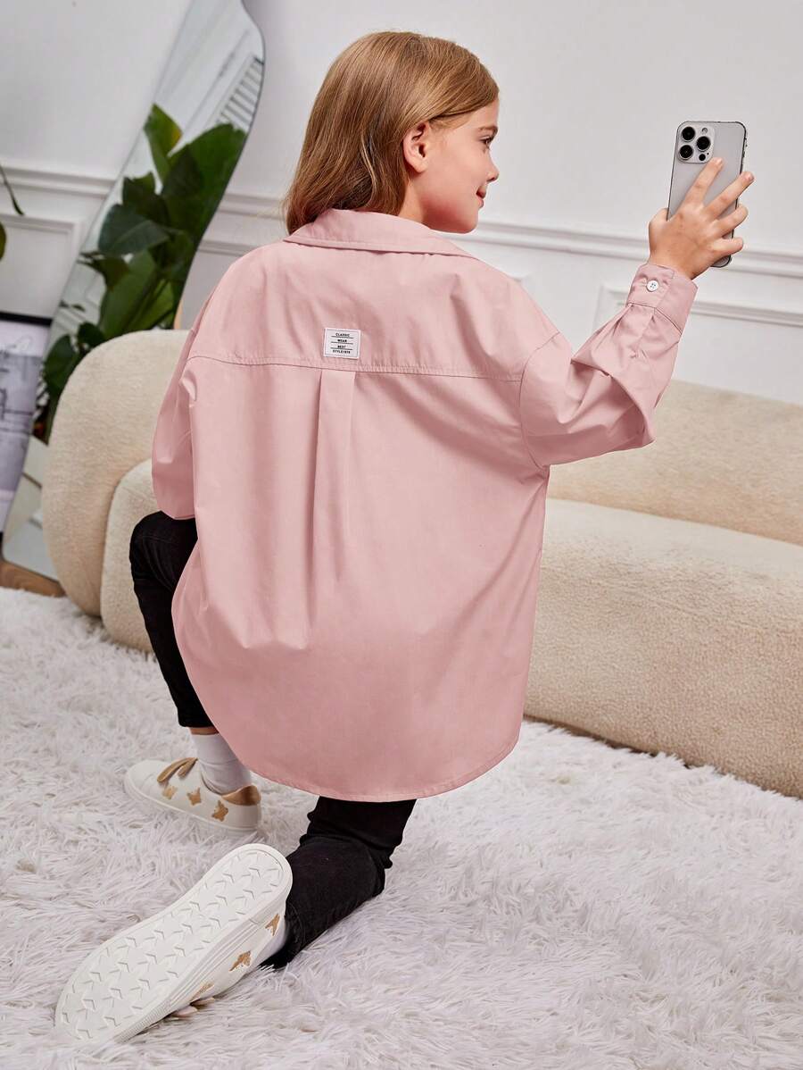 SHEIN Tween Girls' Woven Solid Color Shirt With Turn-Down Collar, Loose-Fit And Long Sleeve For Vacation