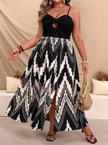 SHEIN VCAY Vestido de talla grande de vacaciones, camiseta de tirantes twist impreso y vestido de parche de patrón combinado, 2 en 1