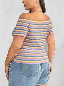 SHEIN Essnce Plus-Size Women's Date Tops, Rainbow Striped T-Shirts, Off-The-Shoulder Tops, Cute Summer Dresses,Summer Women Dresses Casual Summer Dress Summer Tops,Teacher Clothes Teacher T Shirt  Fall Women Clothes