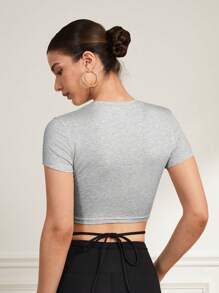 Lifespree Women's Solid Color Round Neck Short Sleeve Slim Fit Athletic T-Shirt - Light Grey - View 2