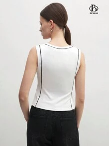 BizChic Women's Business Attire Office Work Cheongsam Style Black & White Contrast Knitted Fitted Tank Top