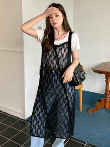 DAZY 純色蕾絲拼接長款女士背心 - 黑色 - 查看 6