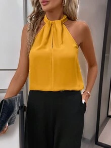 SHEIN Clasi Blusa plisada elegante con cuello en V y abertura con botones para mujer - Amarillo - Ver 7