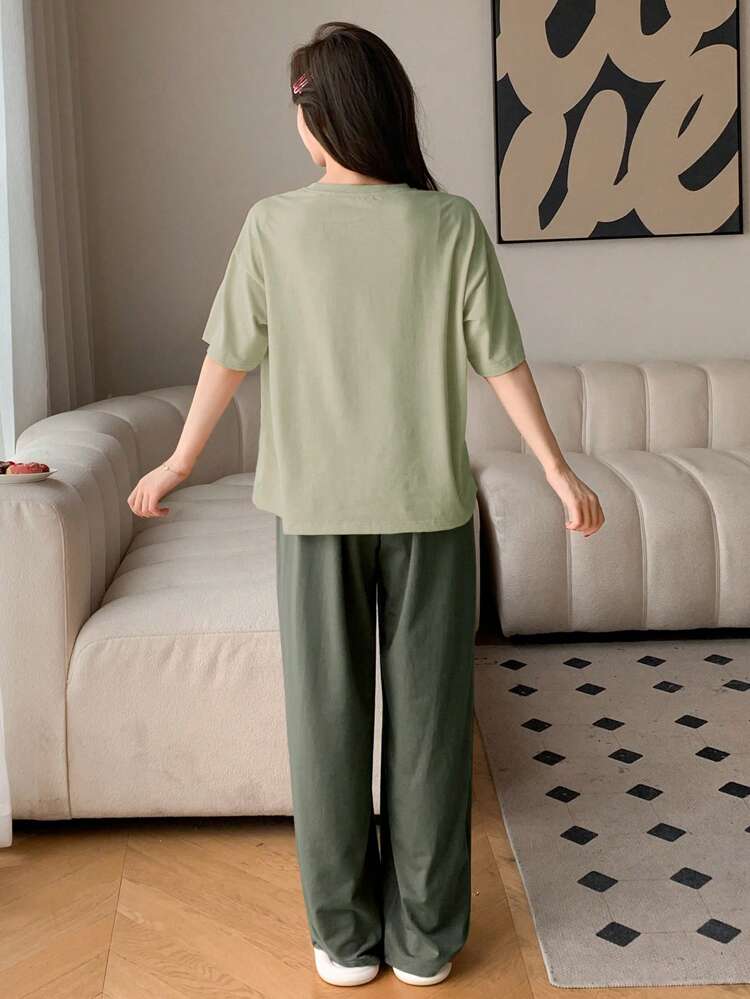 Simple Monochrome Short Sleeve Top & Long Pants Home Clothes Set, Outfits Pajama