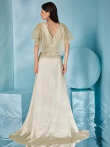 Lace Floral Patterned Sleeves, Sequined Satin Dress - Apricot - View 3