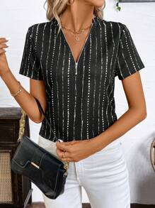 SHEIN Clasi Half-Zip Striped Short Sleeve Casual T-Shirt For Women, Summer - Black - View 1