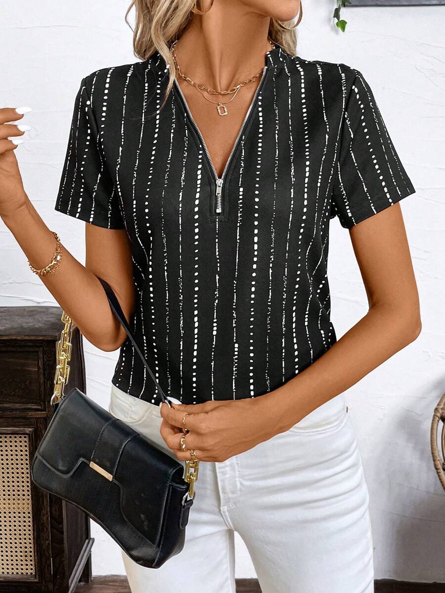SHEIN Clasi Half-Zip Striped Short Sleeve Casual T-Shirt For Women, Summer - Black - View 1