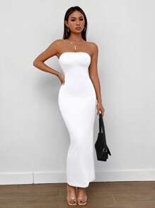SHEIN PETITE Split Back Tube Summer Women Outfit Dress,Summer Dresses For Women,White Graduation Dress - White - View 3