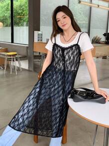 DAZY 純色蕾絲拼接長款女士背心 - 黑色 - 查看 1