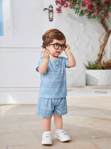 男嬰幾何圖案前紐扣T恤和短褲 - 藍色 - 查看 4