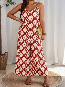 Breezaya Plus Size Vacation Leisure Random Printed Wide Leg Jumpsuit With Shoulder Straps