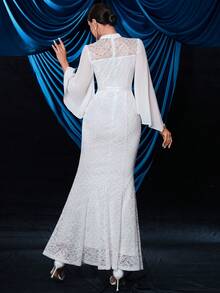 Floral Lace Bell Sleeve Chiffon Mermaid Wedding Dress, White Elegant Long Sleeve Bridal Gown - White - View 2