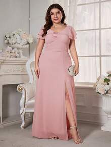 Plus Size Pink With V-Neck And Ruffle Trim Chiffon Bridesmaid Dress - Pink - View 5