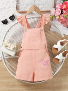 Girls' Casual Denim Overall Shorts With Heart Shape - Pink - View 1