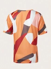 SHEIN LUNE V-Neck Triple Button Printed Short Sleeve Women's T-Shirt - Multicolor - View 2