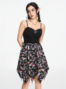 ROMWE Fairycore 女士拼布蘑菇蝴蝶印花系带不对称下摆连衣裙