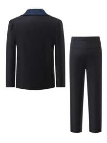 Young Boy Bow Tie Decorated Shirt + V-Neck Vest + Button-Down Long Sleeve Blazer + Suit Trousers Formal Outfit Set - Black - View 2