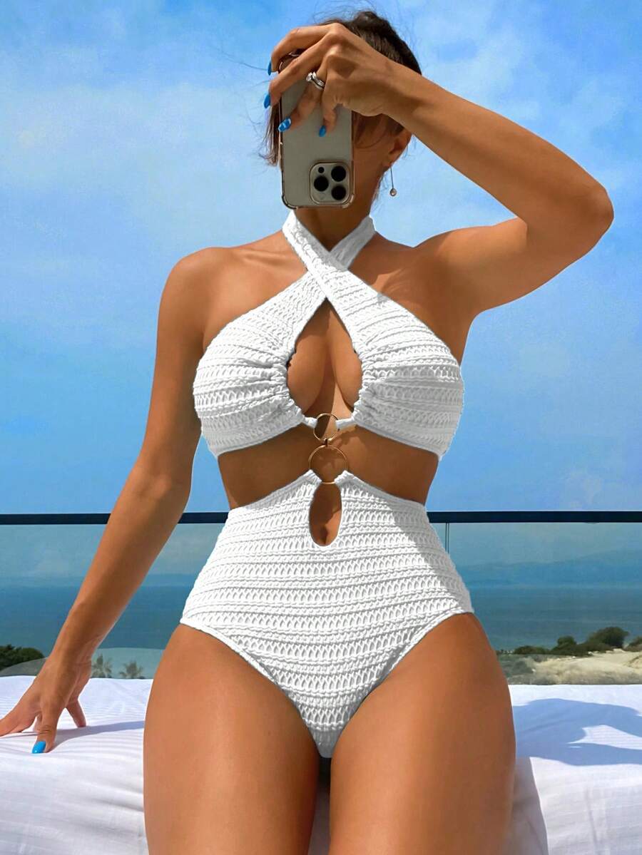 SHEIN Swim Áo tắm một mảnh màu trơn đi biển mùa hè có dây đeo - trắng - Xem 1