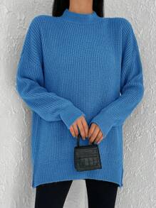 SHEIN Cottnline Suéter De Hombros Caídos Con Cuello Alto De Color Liso - Azul - Ver 3