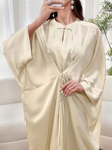 Al Najma Đầm dài tay cánh dơi màu trơn thanh lịch có khuy dành cho nữ, mùa hè - Rượu sâm banh - Xem 4