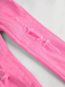 Young Girls Casual Ripped Frayed Jeans Girls Pink Jeansshein Young Girl Jeanskids Ripped Jeanspink Jeansripped Jeans Young Girl - Pink - View 4