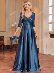 Vrouwen V-hals Lange Sequin Formele Jurk (Zware Decoratie) Elegante Lange Mouw Prom Avond Bruiloft Gast Jurk, Voor Afstuderen, Diner Feest Jurk