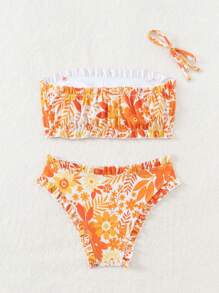 SHEIN Swim 女士夏季海灘熱帶植物印花無肩帶性感比基尼套裝，隨機印花 - 彩色 - 查看 7