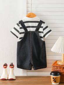 男宝宝POLO领条纹短袖衬衫加吊带短裤，美式复古乡村街头风时尚男宝宝T恤短裤套装 - 灰色 - 查看 2